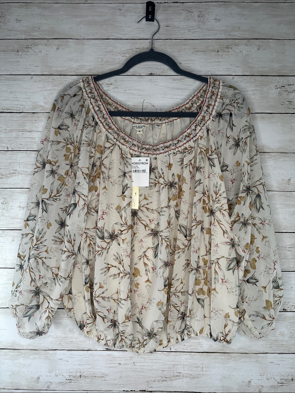 Max Studio London Cream Floral Smocked-Neck Blouse NWT size Medium